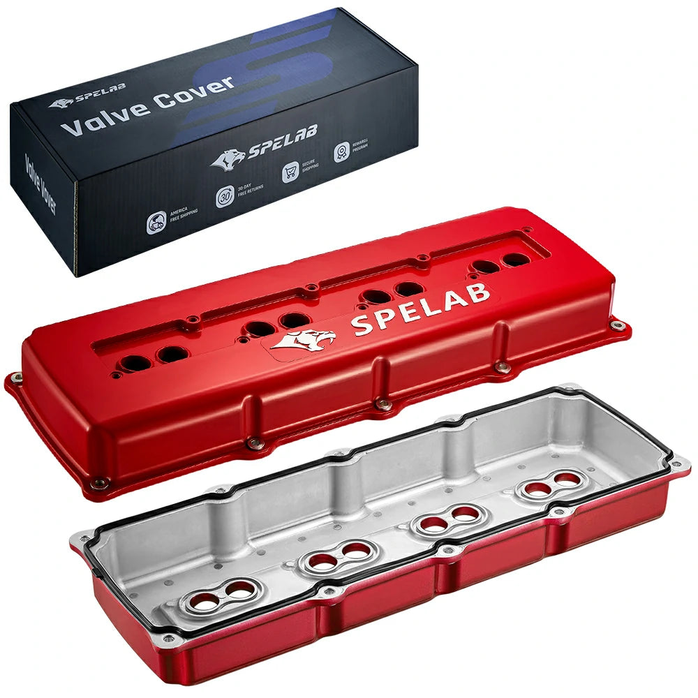 SPELAB Billet Aluminum Engine Valve Covers For 05-19 Dodge Hemi 5.7L 6.1L 6.4L Silver Finish-Cast Aluminum Red