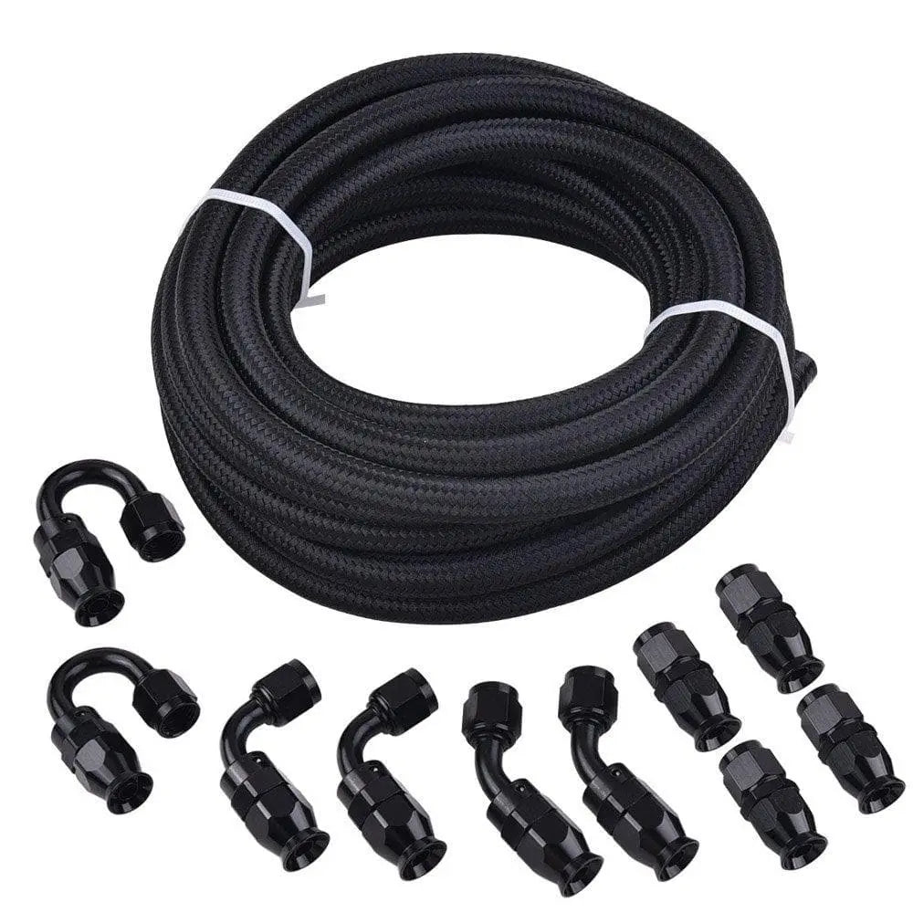 SPELAB 20Ft AN6 /AN8/AN10 PTFE E85 Oil Gas Fuel Line Stainless Steel Braided +Hose Fitting Kit Black-SPELAB